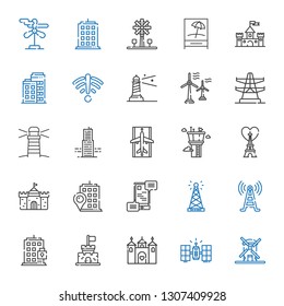 tower icons set. Collection of tower with windmill, satellite, castle, building, signal tower, antenna, communications, eiffel control tower. Editable and scalable icons.