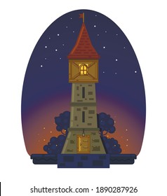 tower illustration in bubble style, tower, sunset, babble
