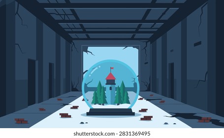 Tower inside a glowing snow globe sits in the middle of a dark ruined industrial hallway with cracked concrete walls and brick debris.