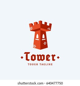 Tower as a Letter T. Abstract Vector Sign, Emblem or Logo Template. Flat Style Fortress Concept with Retro Typography. Isolated.