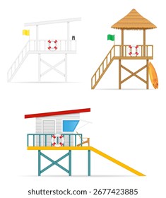 Guardar Torre de salvavidas Playa a personas ahogándose Ilustración vectorial de valores de dibujos animados aislados sobre fondo blanco