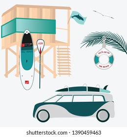 Tower for lifeguard on the water. Tourist modern car for transportation of surfboards. Lifebuoy - vector. Lifestyle.