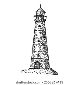 tower lighthouse hand drawn. lightkeeper lens, signal guide, ocean safety tower lighthouse vector sketch. isolated black illustration