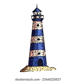 tower lighthouse hand drawn. lightkeeper lens, signal guide, ocean safety tower lighthouse vector sketch. isolated color illustration