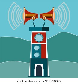 Tower, a lighthouse with two megaphones and sound waves. Media. Dissemination of information, emergency information people.