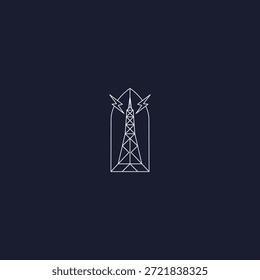 Logotipo da arte da linha da torre e do raio representando potência e resiliência.