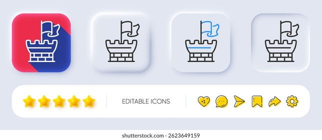 Tower line icon. Neumorphic, Flat shadow, 3d buttons. Castle flag sign. Safe defence symbol. Line shield icon. Social media icons. Vector
