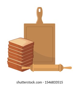 tower of loaves and kitchen utensils over white background, vector illustration