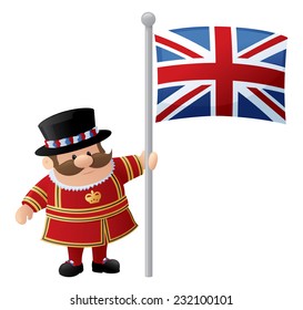 Tower of London Guard or Beefeater holds Union Jack.