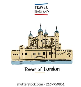 Tower of London Historic castle London UK Hand drawn color Illustration