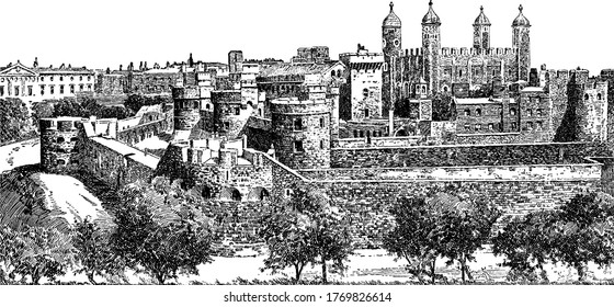 La Torre de Londres es un castillo histórico, un dibujo vintage de líneas o una ilustración grabadora.