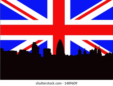 Tower of London and London skyline against Union jack