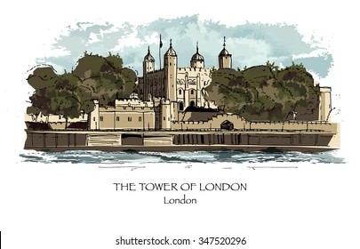 TOWER OF LONDON, LONDON, UK: Hand drawn sketch, poster, postcard