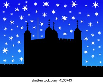 Tower of London in winter with falling snow illustration