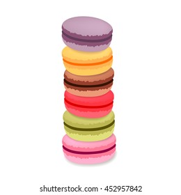 Tower of macaroni, colorful almond cookies on transparent background