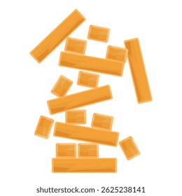 Tower made of light brown wooden blocks is collapsing on a white background