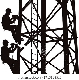 Ilustração do vetor da silhueta do trabalhador da manutenção da torre com a estrutura de inspeção do alpinista na altura.