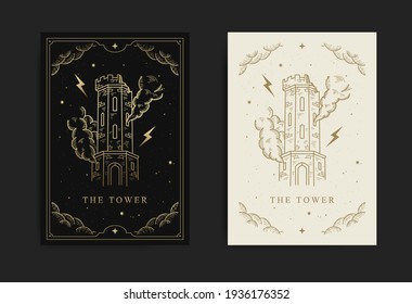 The Tower. Major Arcana tarot card, with engraving, luxury, esoteric, boho, spiritual, geometric, astrology, magic themes, for tarot reader card. Premium Vector