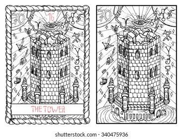 The tower.  The major arcana tarot card, vintage hand drawn engraved illustration with mystic symbols. Destroyed fortress with people falling from the roof. 