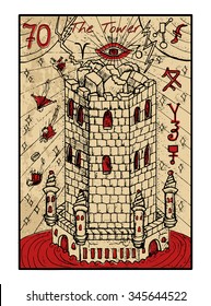 The tower.  The major arcana tarot card in color, vintage hand drawn engraved illustration with mystic symbols. Destroyed fortress with people falling from the roof.