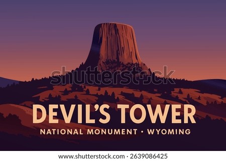 Devil’s Tower, a massive rock formation rising dramatically from the Wyoming plains, is an iconic national monument known for its unique geological features, particularly striking at sunset