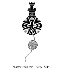 Tower of medieval castle on top of a round spiral maze or labyrinth symbol and a yarn ball. Ariadne's thread concept. Creative architectural design. Black and white silhouette.