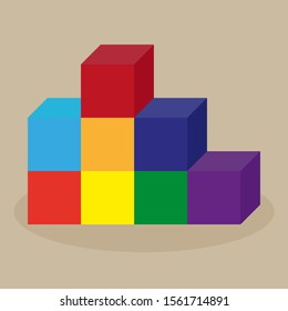 Tower of multi-colored cubes on a beige background