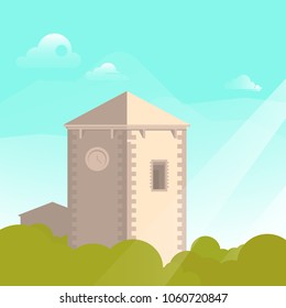 Tower of old chapel among green trees.Summer rural landscape.
