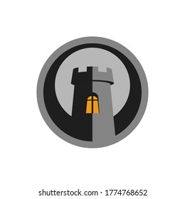 Tower on a background of the moon with light in the window round sign, icon. Tower icon. Vector illustration.