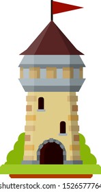 Tower on green natural landscape. Stone Element of medieval castle to protect knight. Cartoon flat illustration. European fantasy fortress.