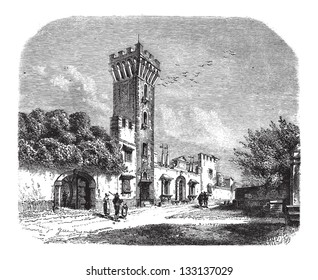 Tower at Panciatichi Palace, in Tuscany, Italy, vintage engraved illustration. Le Magasin Pittoresque -  1874