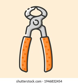 Pinzas de torre para carpintero con mango de goma naranja icono colorido. Icono plano del contorno del vector sobre fondo amarillo. Herramienta de construcción manual para trabajos de renovación.