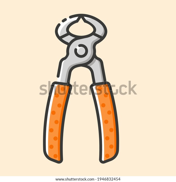 Tower pincers for carpenter\
with orange rubber handle colorful icon. Vector outline flat icon\
on yellow background. Hand construction tool for renovation\
work.