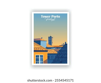 Tower Porto, Portugal. Hand-drawn vector illustration. Vintage travel poster. Wall art and print set for hikers, campers, and stylish living room decor.