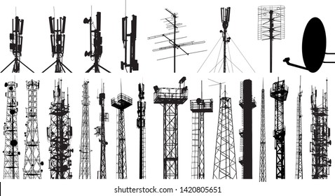 Tower radio antenna silhouettes set. Isolated on white background