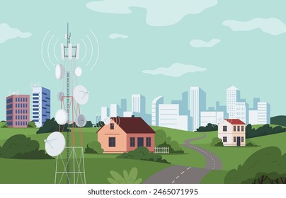 Tower with radio and satellite communication. Landscape with buildings and cities data transfer, mobile and internet connection. Vector illustration