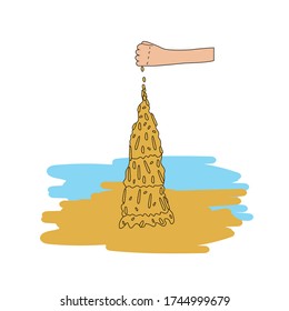 Tower of raw sand. Sand castle. Vector illustration in hand-drawn style.