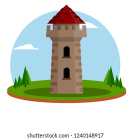 Tower with red roof. An ancient defensive building made of stone on a natural landscape with forest. protection and defense from enemies. Cartoon flat illustration
