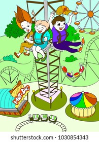 Tower ride, tallest amusement attraction. Thrill from a free fall from this tower. Childrens color book about an amusement park, cartoon black lines on a white background