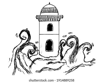 Tower and sea waves. Vector, sketch hand drawn image. Motives of fairy tales, building and vintage. Can be used for web design, printing and illustration