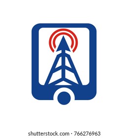 Tower signal in mobile phone shape logo design template vector