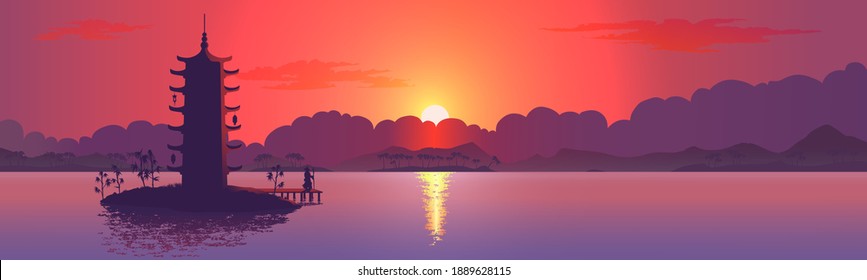 Tower silhouette with sunset. Realistic vector illustration background. 