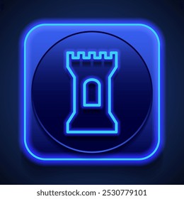 Tower simple icon. Flat design. Blue neon style on button. With shadow.ai