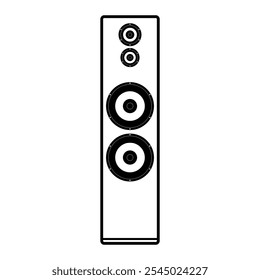 Tower Speaker Vector Illustration. This is a black and white line art vector illustration of a tall, rectangular tower speaker. The speaker has four circular drivers arranged vertically.