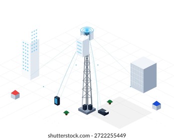 A tower stands in the center of a city, linking two buildings with signals. Surrounding the tower are small plants and modern structures under a clear sky.