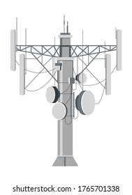 Tower station with dishes and wires, isolated structure of metal used for connection. Internet, radio or cellular system, telecommunication. Radar catching signals waves, city infrastructure vector