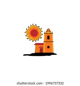 Tower with sun design concept cartoon illustration suitable for icon or product name background decoration in your business company