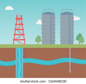 tower and tanks storage process exploration fracking vector illustration