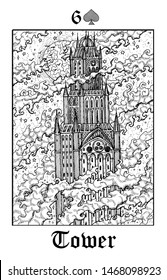 Tower. Tarot card from vector Lenormand Gothic Mysteries oracle deck. Black and white engraved illustration. Fantasy and mystic line art drawing. Gothic, occult and esoteric background