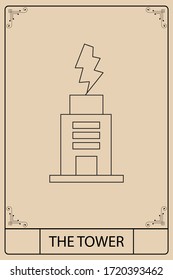 The Tower. Tarot card, vintage color and minimalist drawing engraved illustration with mystic symbols. The Major Arcana.